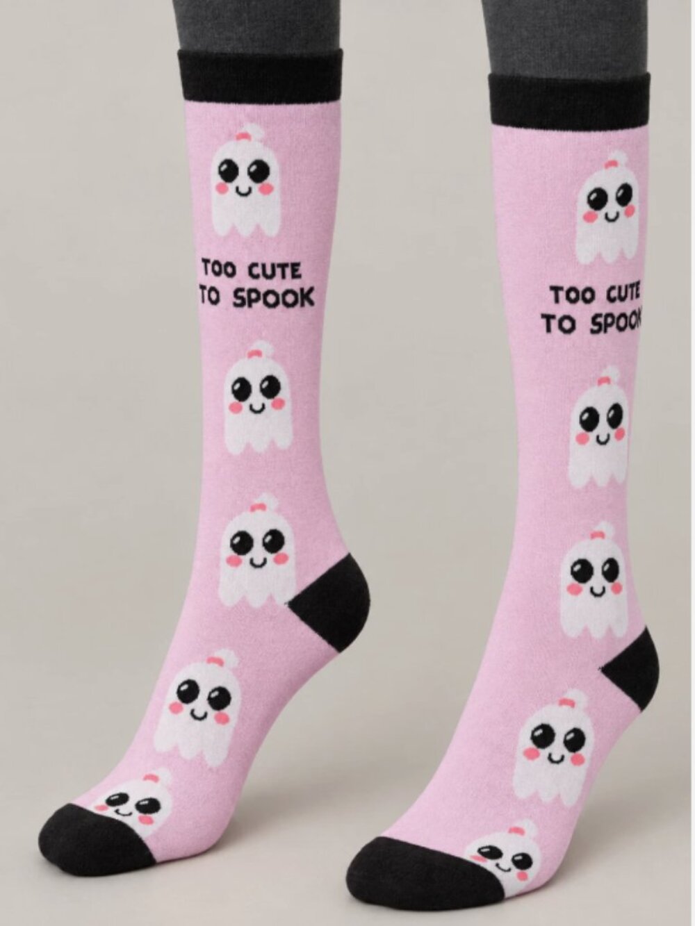 [NWOT] Halloween Knee-High Socks; Pink/Black with Ghosts, "Too Cute to Spook"